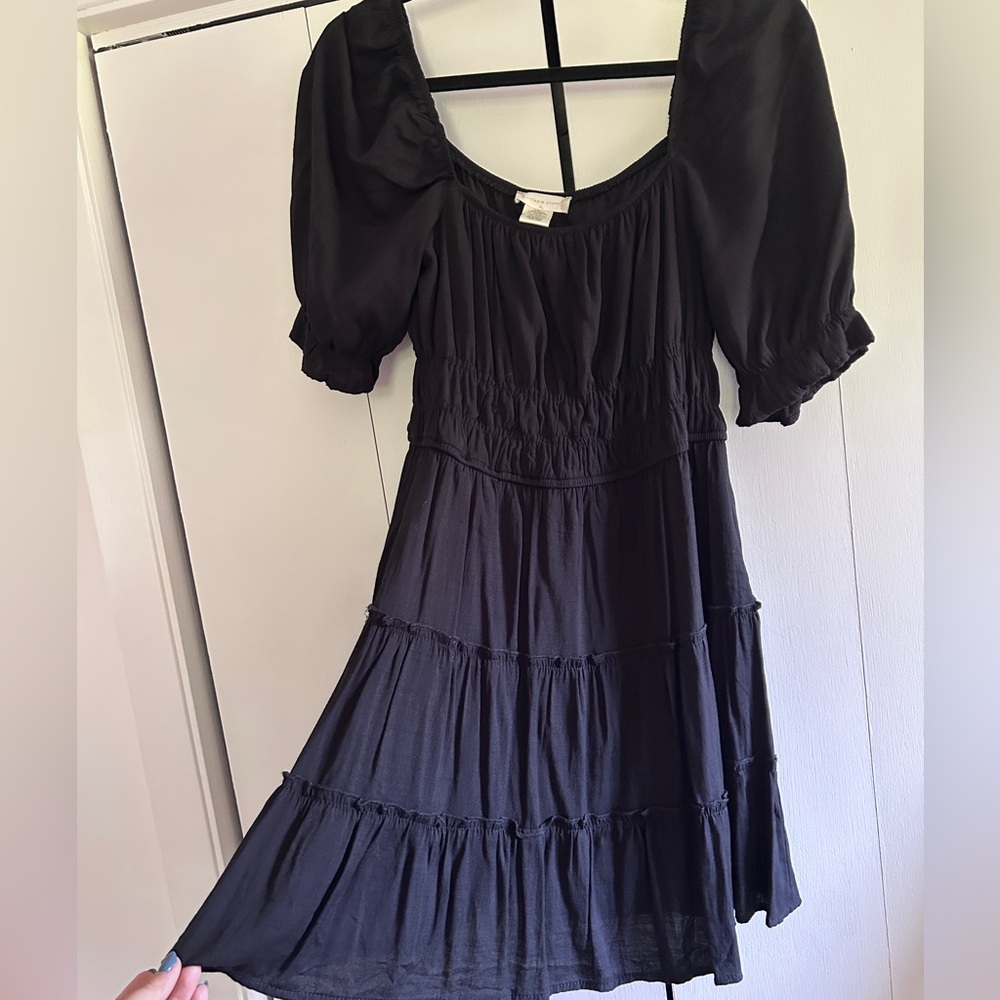 Altar'd State Black Tiered Midi Dress with Puff Sleeves